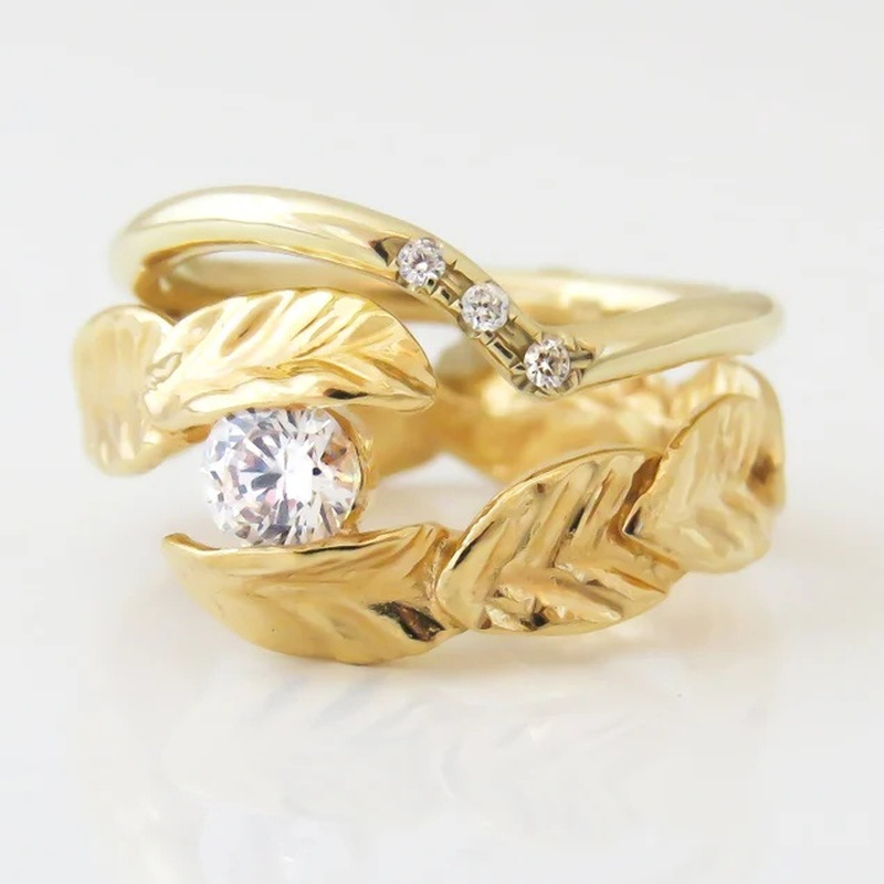 Unisex Leaf Engagement & Wedding Ring Set, 2pcs